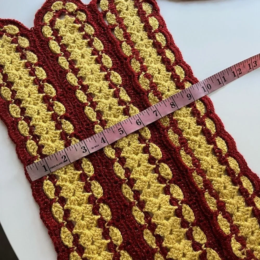 Vintage Handmade Crochet Set of 2 Red Gold Orange Cream Scallop Panels Decor